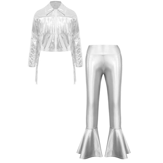 Linjinx Kids Girls Metallic Jazz Hip Hop Dance Outfits Tassel Long Sleeve Bomber Jacket Coat and Flared Pants Set Silver 12