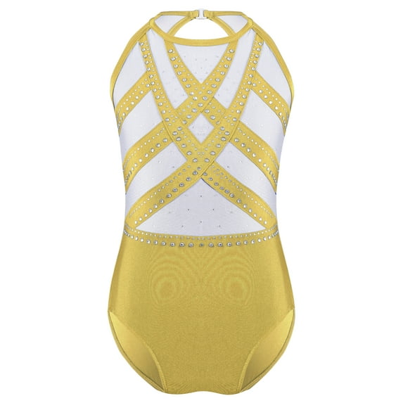 Linjinx Kids Girls One Piece Gymnastics Leotard Shiny Rhinestones Figure Ice Skating Unitard Sports Yellow 6