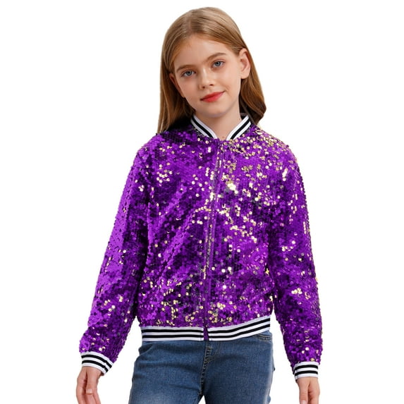 Linjinx Kids Girls Sequin Bomber Jacket Zipper Lightweight Long Sleeve Sparkle Jackets Outerwear Purple 12