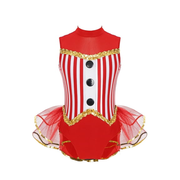 Linjinx Kids Girls Sequin Stripe Jazz Dance Dress Tutu Skirt Leotard Circus Ringmaster Costume Red 6