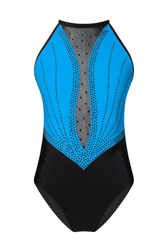 Kids Girls Shinny Rhinestone Crisscross Back Gymnastics Leotard Color Block Ballet Dance Light Blue 8