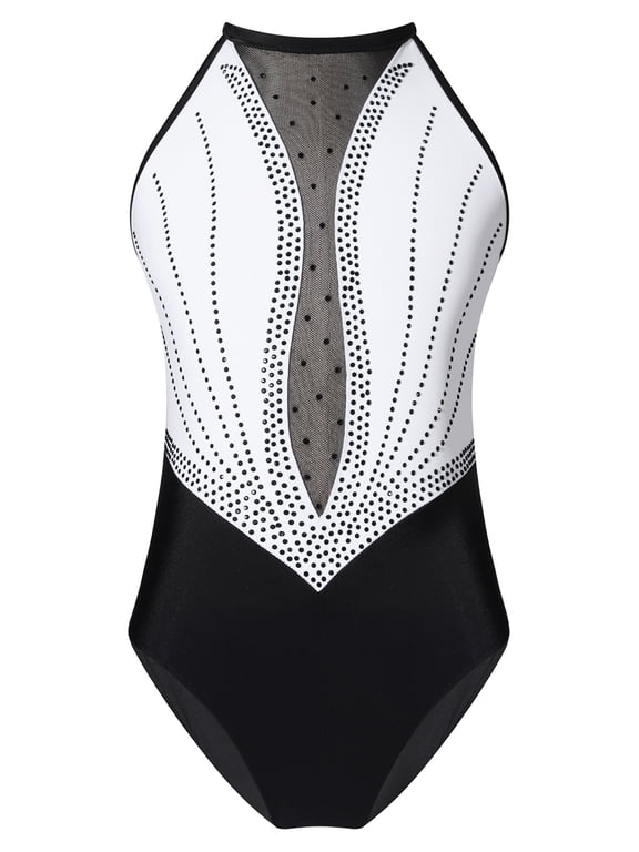 Kids Girls Shinny Rhinestone Crisscross Back Gymnastics Leotard Color Block Ballet Dance White 8