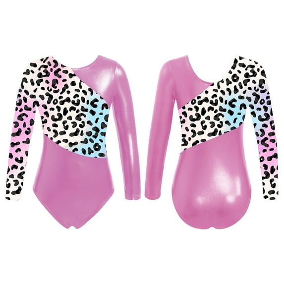 Linjinx Kids Girls Shiny Long Sleeve Gymnastics Leotards Ballet Unitards Dance Tops Athletic Colorful Leopard 12