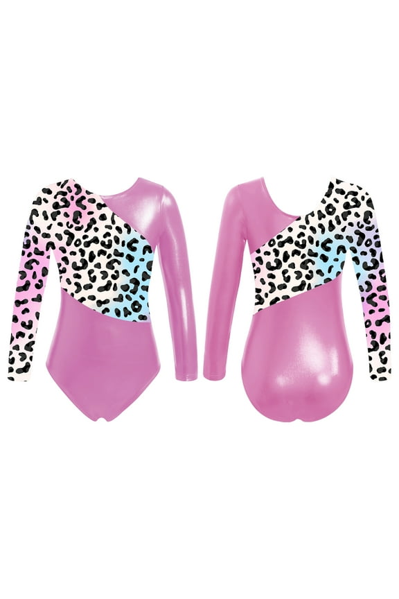 Kids Girls Shiny Long Sleeve Gymnastics Leotards Ballet Unitards Dance Tops Athletic Colorful Leopard 8
