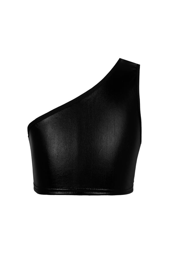 Kids Girls Shiny Metallic Dance Crop Tops One Shoulder Tank Tops Gymnastics Ballet Dance Black 130-140