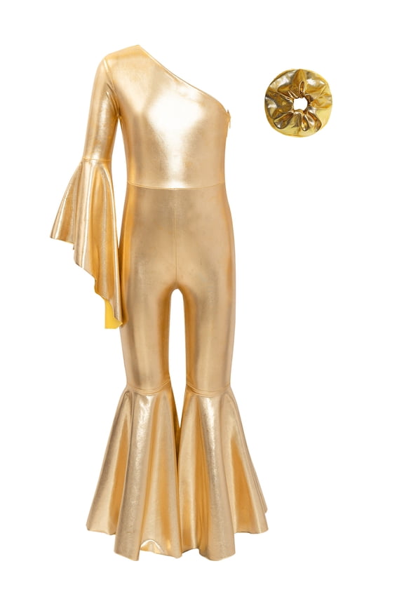 Kids Girls Shiny Metallic One Shoulder Flare Sleeve Jumpsuit Romper Playsuit with Hair Gold 12