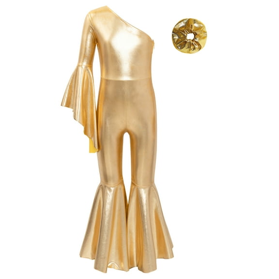 Linjinx Kids Girls Shiny Metallic One Shoulder Flare Sleeve Jumpsuit Romper Playsuit with Hair Gold 14