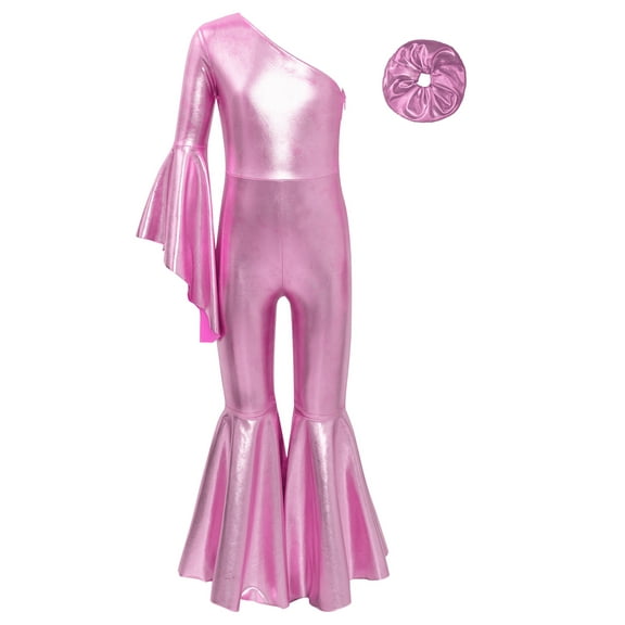 Linjinx Kids Girls Shiny Metallic One Shoulder Flare Sleeve Jumpsuit Romper Playsuit with Hair Pink 16