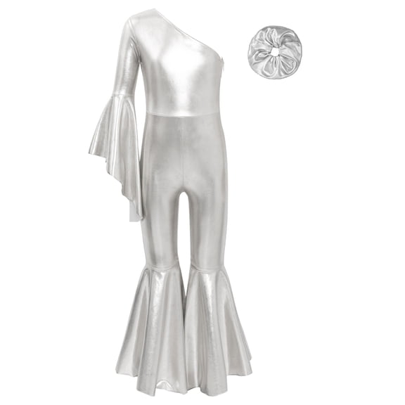 Linjinx Kids Girls Shiny Metallic One Shoulder Flare Sleeve Jumpsuit Romper Playsuit with Hair Silver 16