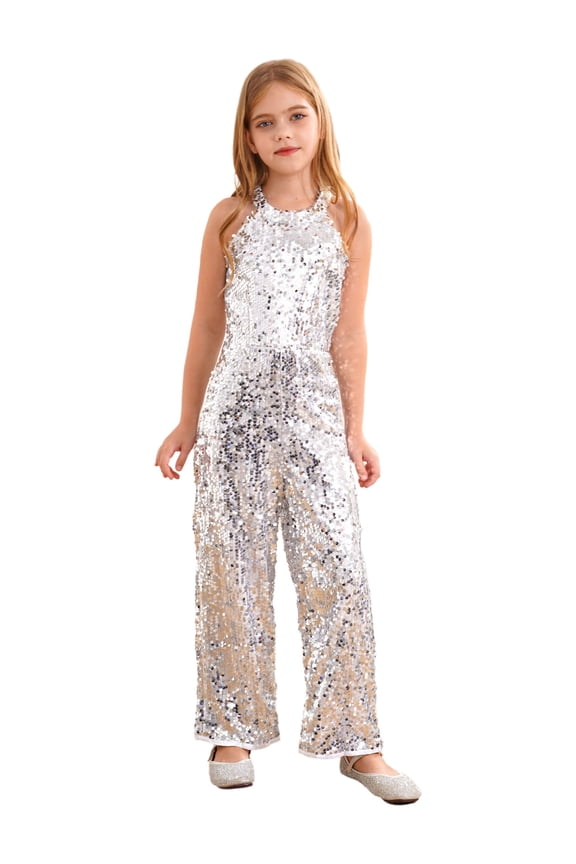 Kids Girls Shiny Sequins Jazz Latin Dance Costume Halter Neck Sleeveless Performance Jumpsuit Silver 6