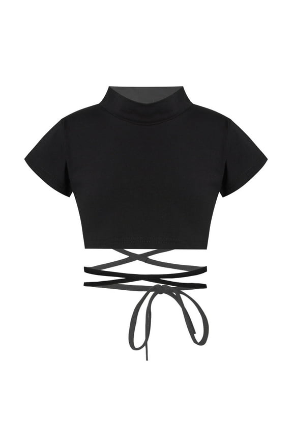 Kids Girls Short Sleeves Dance Crop Tops Mock Neck Strappy Plain Sports Tee Shirts Gymnastics Black 120