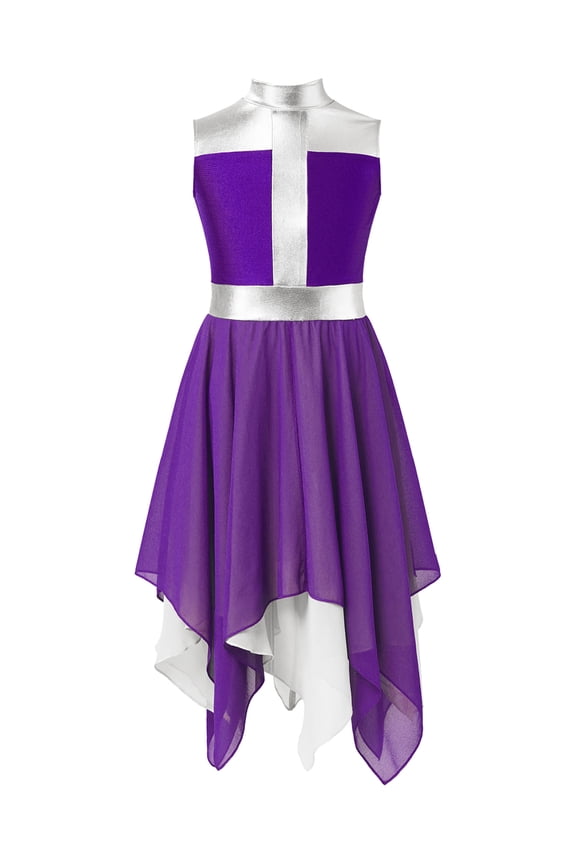 Kids Girls Sleeveless Praise Lyrical Liturgical Worship Dance Dress Asymmetrical Chiffon Purple 8