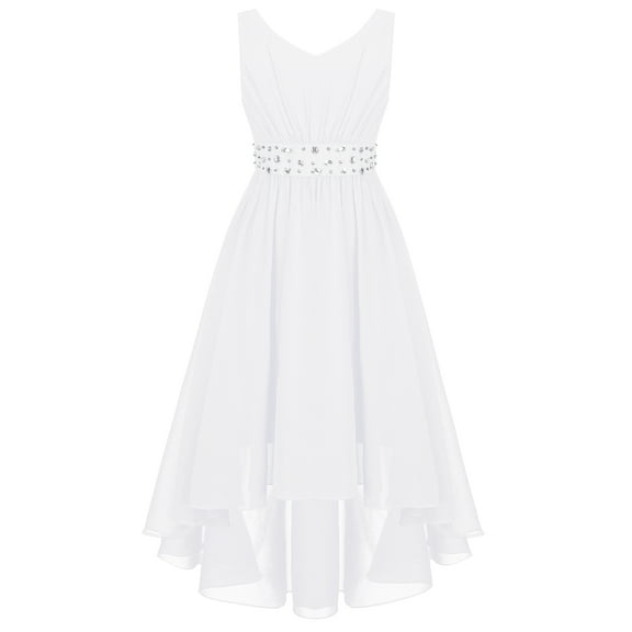 Linjinx Kids Girls Sleeveless V Neck Junior Bridesmaid Dresses Asymmetrical Hem Chiffon Birthday White 6