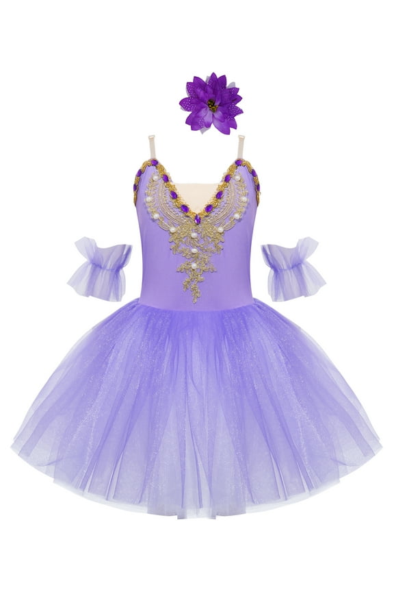 Kids Girls Swan Lake Dance Camisole Skirted Leotard Ballet Tutu Dress Performance Dancewear Purple 9-10