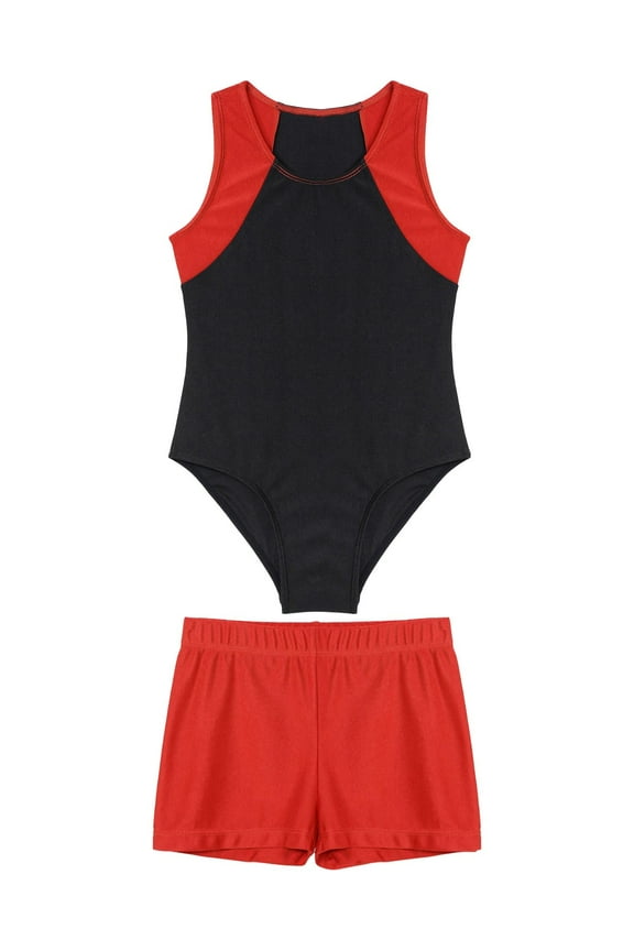 Kids Gymnastics Outfit Dance Leotard with Shorts Boys 2 Piece Tumbling Training Bodysuit Red 10