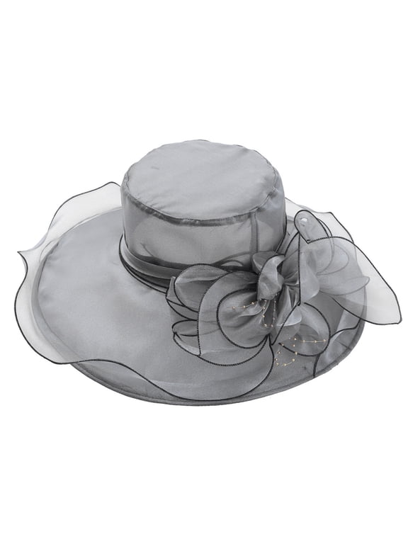 Ladies Girls Elegant Ruffles Wide Brim Flower Organza Church Cap Tea Party Hats Grey One Size