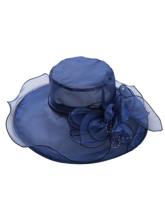 Ladies Girls Elegant Ruffles Wide Brim Flower Organza Church Cap Tea Party Hats Navy Blue One Size