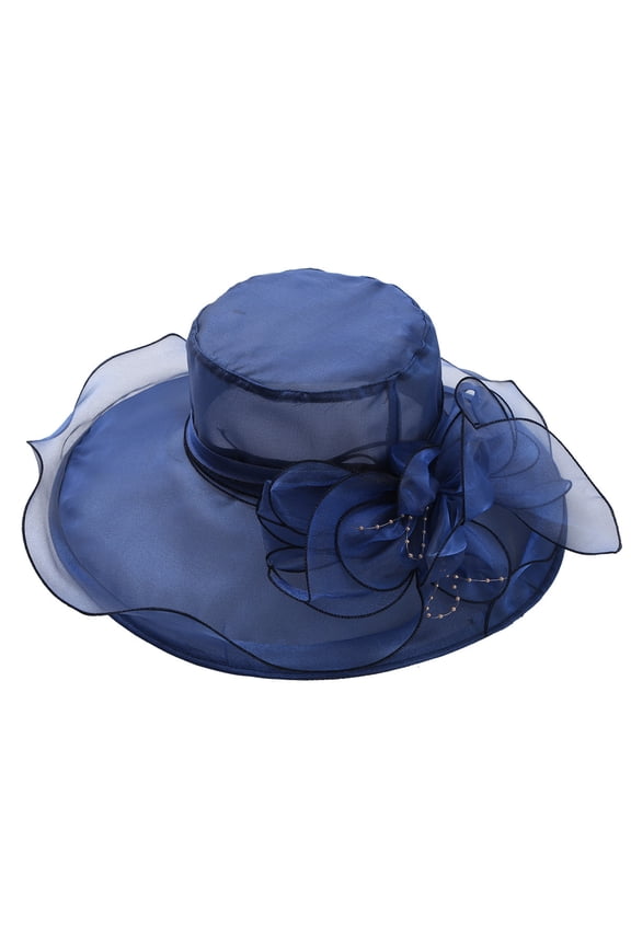Ladies Girls Elegant Ruffles Wide Brim Flower Organza Church Cap Tea Party Hats Navy Blue One Size