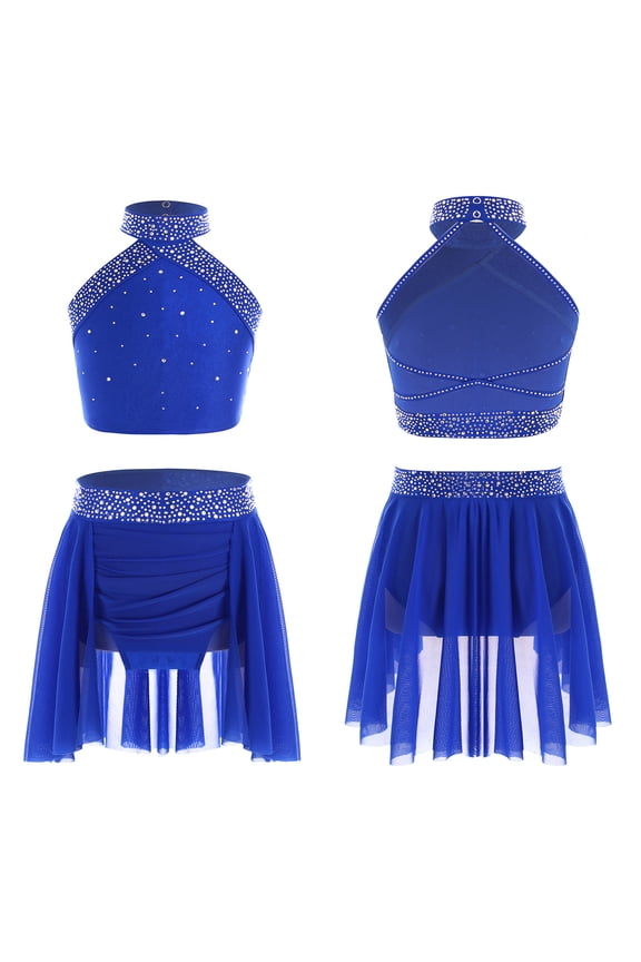 Lyrical Dance Dress for Girls Ballroom Outfit Modern Dance Outfits Crop Top with Skirt Set Blue 6