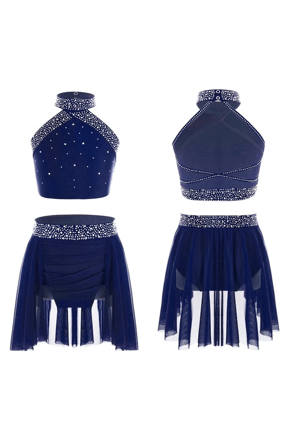 Lyrical Dance Dress for Girls Ballroom Outfit Modern Dance Outfits Crop Top with Skirt Set Navy Blue 6