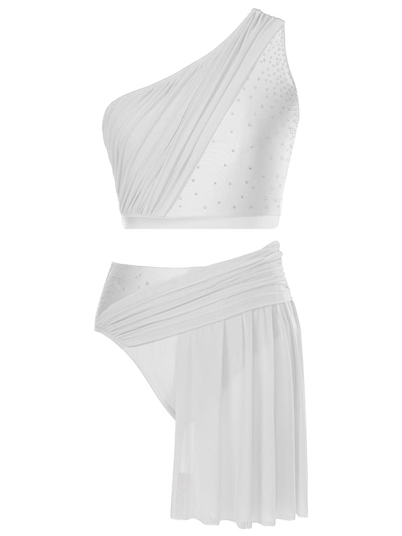 Lyrical Dance Outfit Womens One Shoulder Crop Top with Mesh Skirte Contemporary Dancewear White S