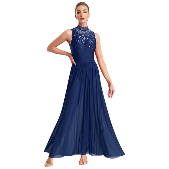 Linjinx Lyrical Dance for Womens Modern Contemporary Sleeveless Cutout Back Flowy Overlay Dress Navy Blue XL