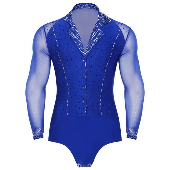 Linjinx Men's Ballroom Latin Tango Dance Leotard Sparkly Rhinestone Sheer Mesh Long Sleeve Bodysuit Blue XL