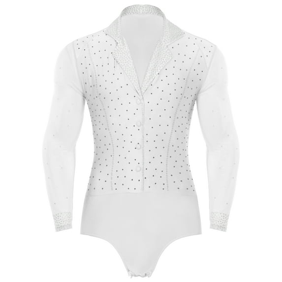 Linjinx Men's Ballroom Latin Tango Dance Leotard Sparkly Rhinestone Sheer Mesh Long Sleeve Bodysuit White M