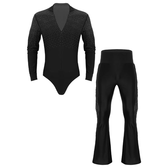 Linjinx Mens Ballroom Latin Tango Rumba Dance Outfits Long Sleeve Leotard Top Shirs Dancewear with Pants Black L