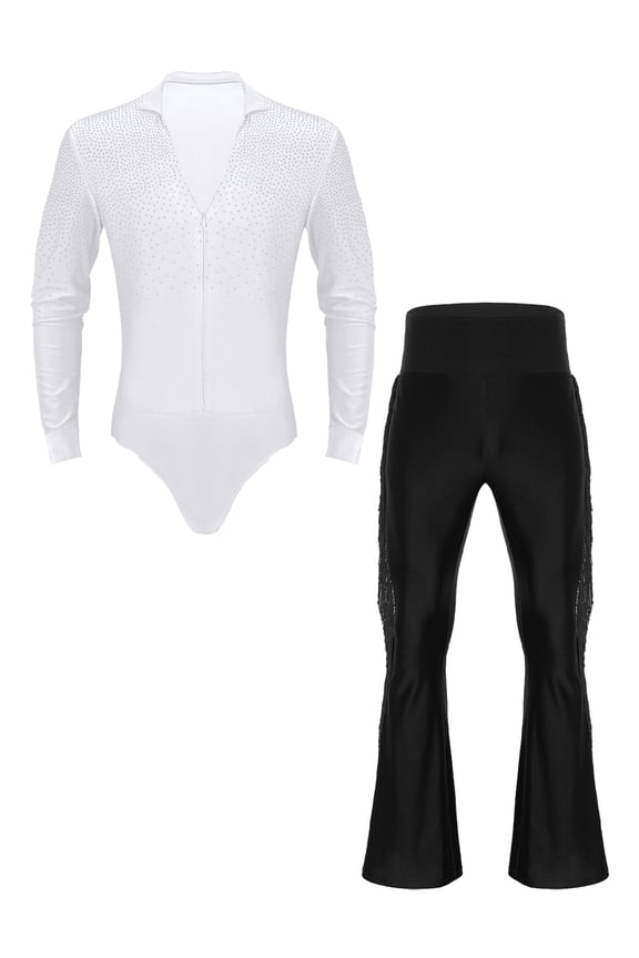 Mens Ballroom Latin Tango Rumba Dance Outfits Long Sleeve Leotard Top Shirs Dancewear with Pants White&Black XL