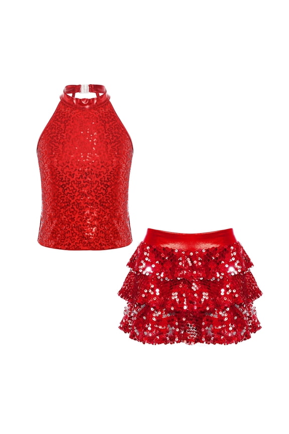 Two Pieces Girls Dance Glitter Halter Tank Top with Tutu Skirt Set for Hip Hop Latin Red 6