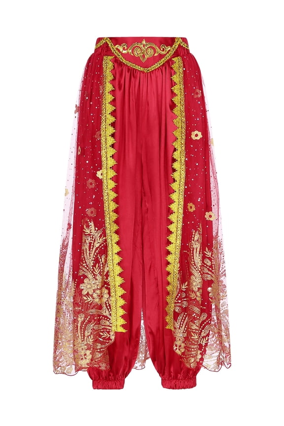 Women Belly Dance Arabic Carnival Satin Pants Dancing Tribal Harem Pants Latern Trousers B Burgundy One Size