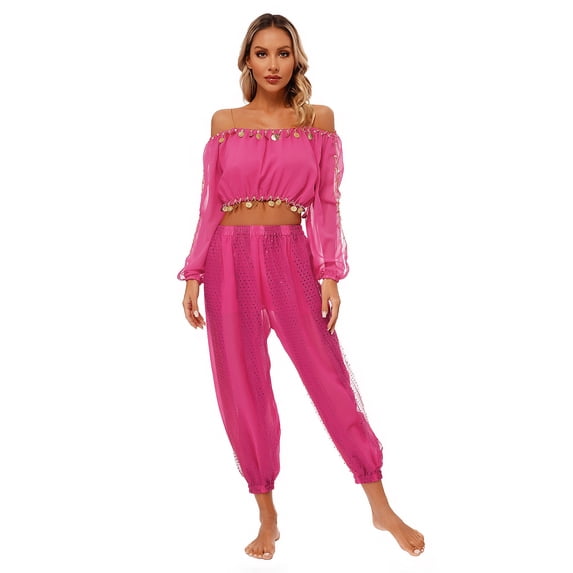 Linjinx Women Belly Dance Outfits Sequin Long Sleeve Off Shoulder with Pants Set Carnival Hot Pink One Size