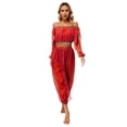 thumbnail image 1 of Linjinx Women Belly Dance Outfits Sequin Long Sleeve Off Shoulder with Pants Set Carnival Red One Size, 1 of 6