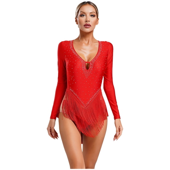 Linjinx Women Fringe Latin Dance Leotard Deep V-Neck Rhinestone Bodysuit for Performance Competition Red S