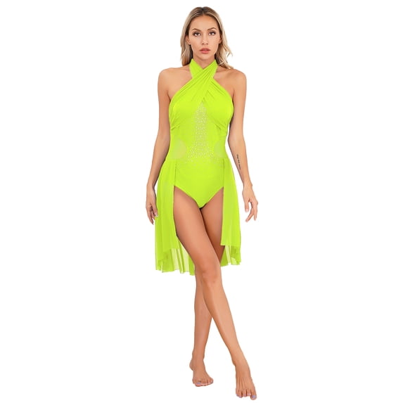 Linjinx Women Glittery Rhinestone Lyrical Ballet Dance Costume Backless Flowy Skirt Leotard Modern Fluorescent Yellow S