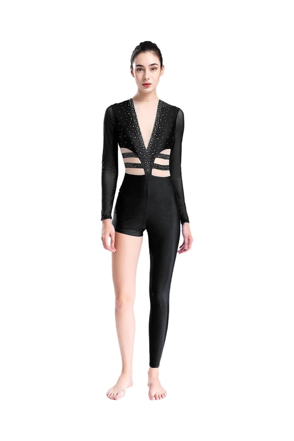 Women Gymnastics Leotard Unitard Full Length One Piece Rhinestone Figure Ice Skating Jumpsuit Black S