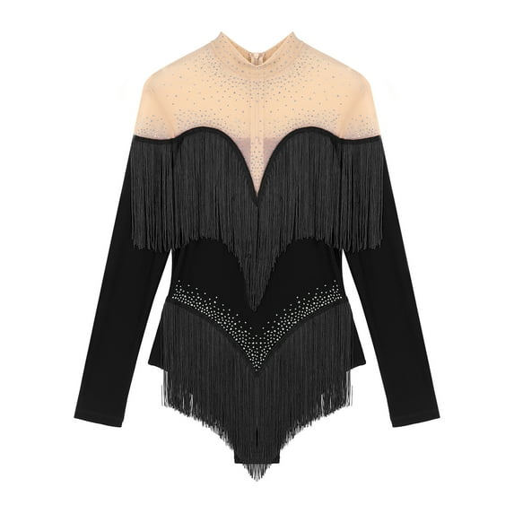 Linjinx Women Latin Dance Leotard Long Sleeve Latin Dance Fringe Salsa Tango Gymnastics Bodysuit Black L