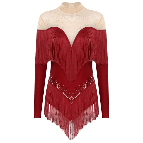 Linjinx Women Latin Dance Leotard Long Sleeve Latin Dance Fringe Salsa Tango Gymnastics Bodysuit Burgundy L