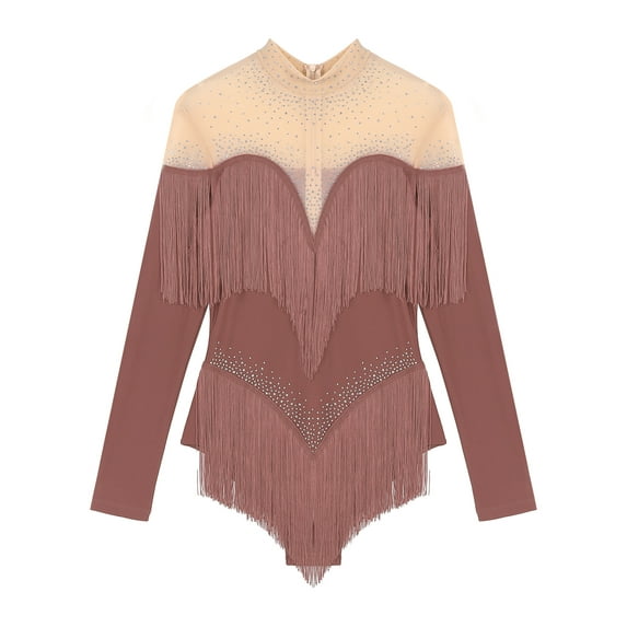 Linjinx Women Latin Dance Leotard Long Sleeve Latin Dance Fringe Salsa Tango Gymnastics Bodysuit Dusty Pink L