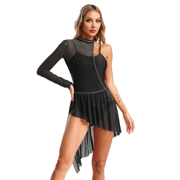 Linjinx Women Modern Lyrical Dance Leotard Asymmetrical Sheer Mesh Skirt Ice Skating Dresses Black L