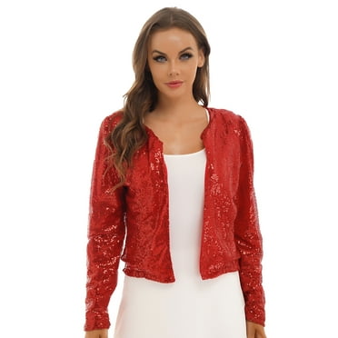 Linjinx Women Sequin Jacket Long Sleeve Sparkly Cropped Blazer Open Front Shrug Party Clubwear Red XL