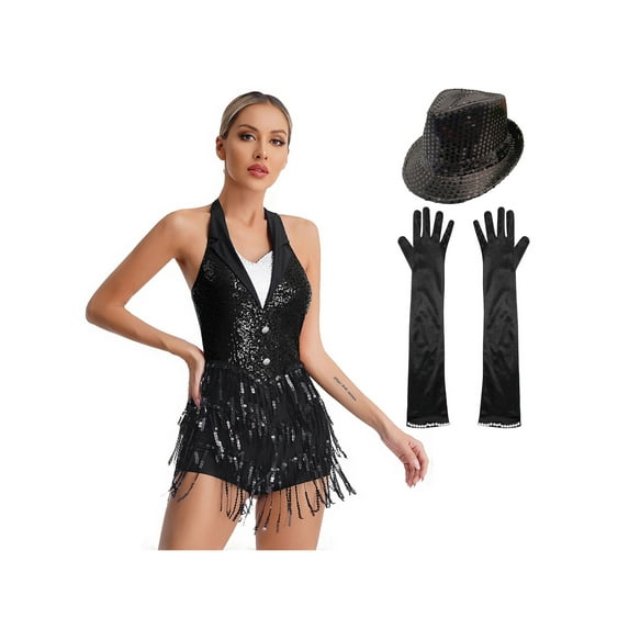 Linjinx Women Sequin Latin Dance Dress Leotard With Gloves Hat Sexy Tuxedo Bodysuit Outfits Black XXL