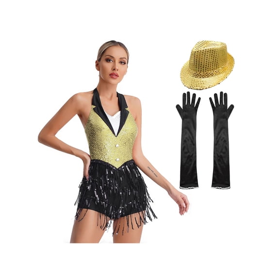 Linjinx Women Sequin Latin Dance Dress Leotard With Gloves Hat Sexy Tuxedo Bodysuit Outfits Yellow XXL