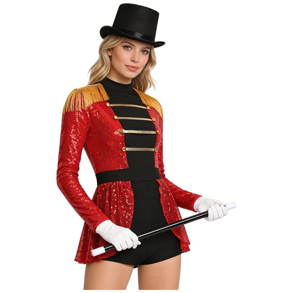 Linjinx Women Sequin Lion Tamer Outfit Fringed Bodysuit And Accessories Set Red M