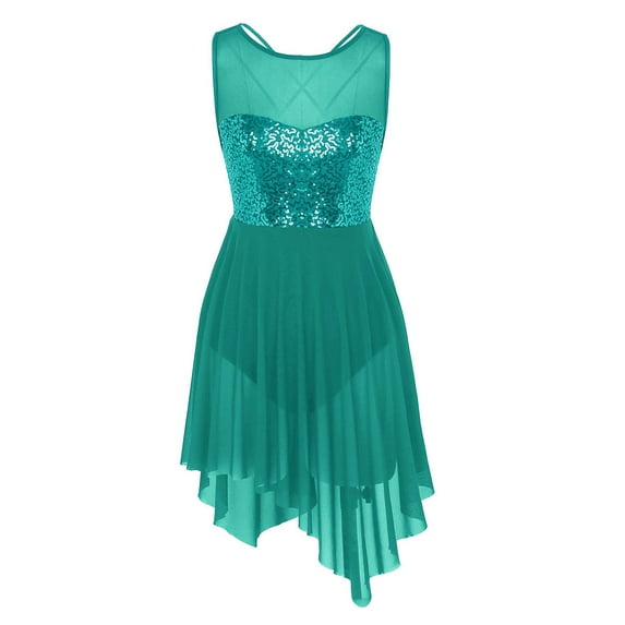 Linjinx Women Sequins Mesh Lyrical Dress High Low Skirt Ballet Dancewear Cut Out Back Ice Skater Dark Green L