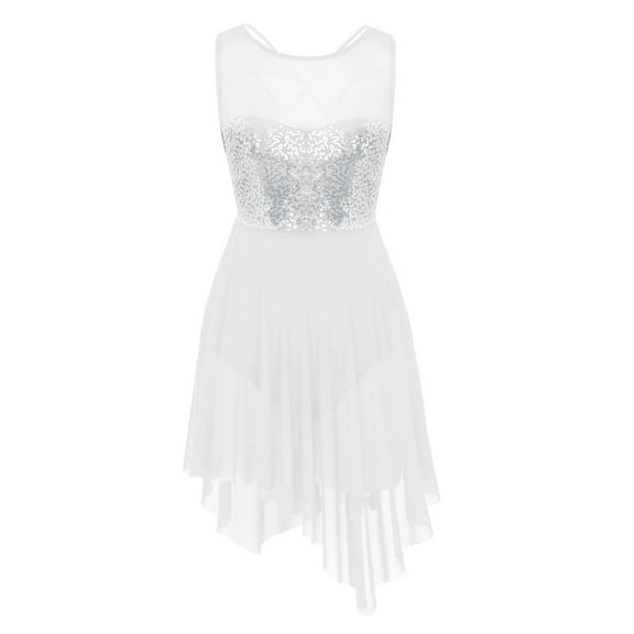 Linjinx Women Sequins Mesh Lyrical Dress High Low Skirt Ballet Dancewear Cut Out Back Ice Skater White XL