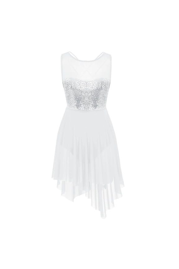 Women Sequins Mesh Lyrical Dress High Low Skirt Ballet Dancewear Cut Out Back Ice Skater White XL