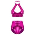 thumbnail image 1 of Linjinx Women Shiny Halter Neck Cut Out Front Crop Top with Shorts Metallic Bikini Set for Rave Party Purple L, 1 of 7