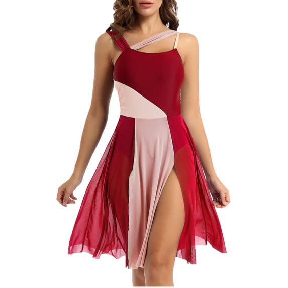 Linjinx Women Sleeveless Mesh Color Block Leotard Dress Lyrical Modern Dancewear Burgundy XL